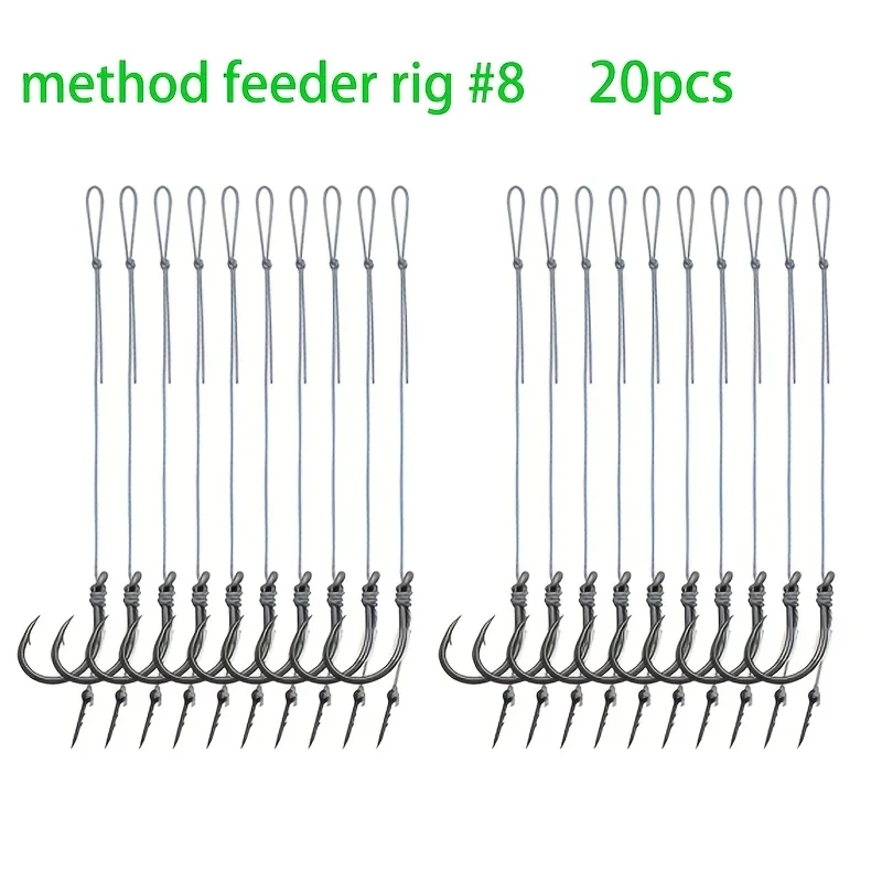 10/20 Stück Method Feeder Rigs mit Widerhaken und 8 geflochtenen Schnüren, hochfeste Widerhaken-Angelhaken Größe 6 8 10 12 14, Feeder-Angeln