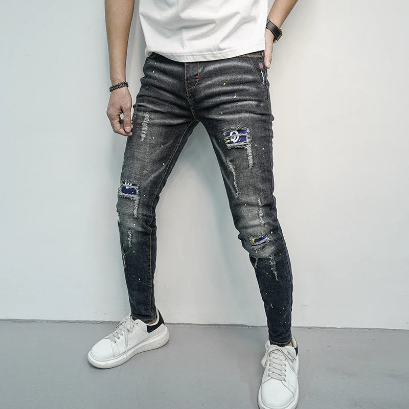 

Black gray jeans men's slim fit hole patch paint printing design street cool casual tappered motorcycle pants