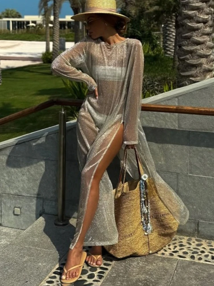 فستان طويل شفاف مثير للنساء من Tossy برقبة دائرية وأكمام طويلة وخصر عالٍ وفضفاض ملابس الشارع فستان ربيعي نسائي