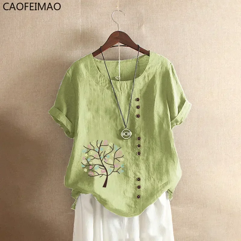 

2025 Summer New Vintage Cotton Linen Print Pullover Short Sleeve Casual Loose Large Shirt Blouse Womens Ladies Multicolor Tops