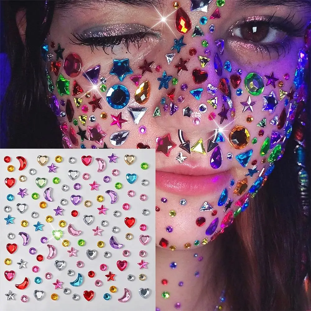 1/2Pcs Multicolor Face Jewels Stickers Mixed Star Moon Heart Round Gems Self Adhesive Decal for Festival Party Makeup Body Decor