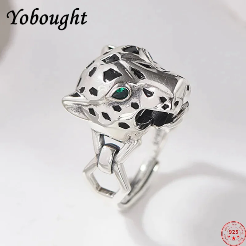 

S925 sterling silver charms rings for women men new fashion spotted leopard head green zirconia punk jewelry free shipping