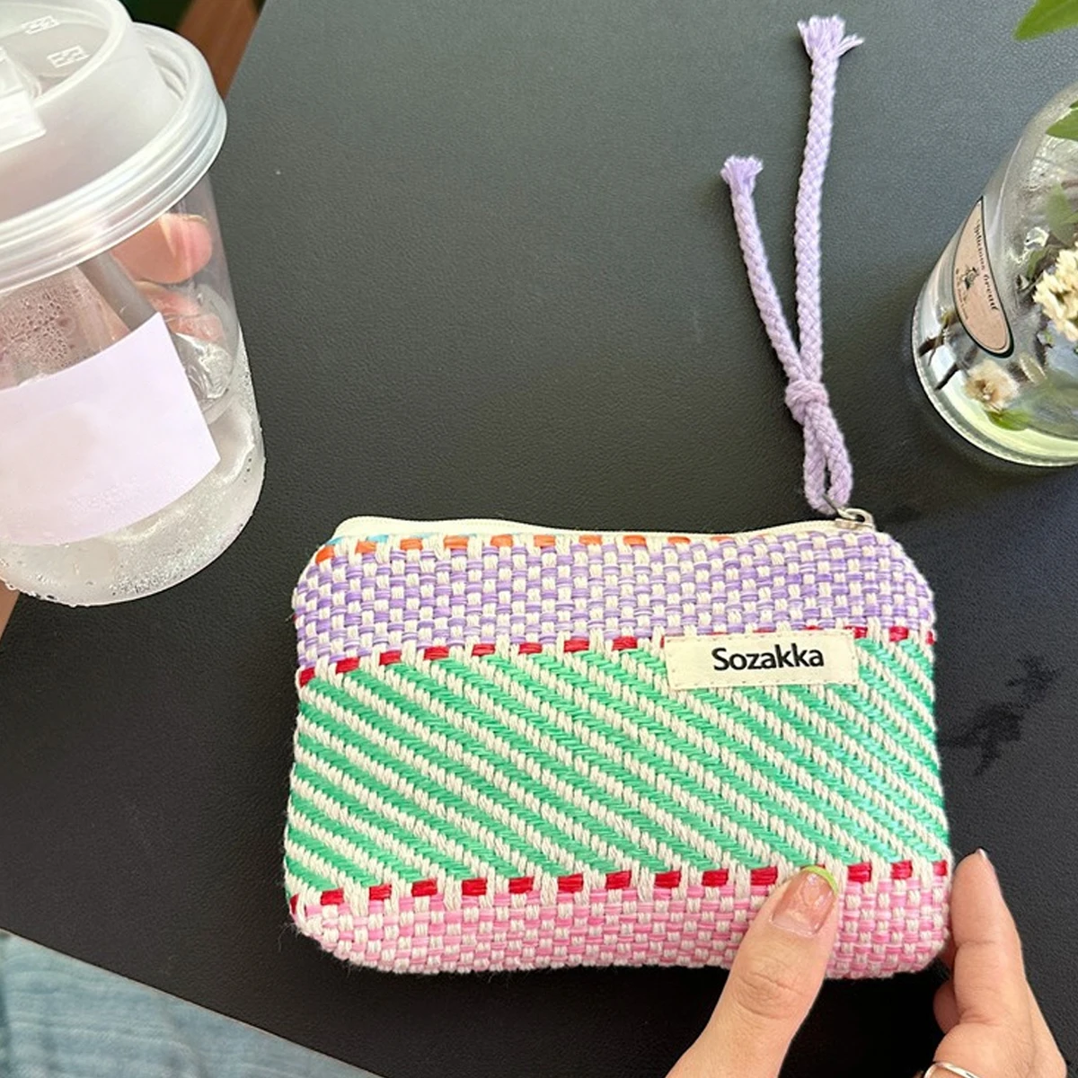 YANZAI Large Capacity Lattice Cosmetic Bag with Zipper Korean Style Cute Storage Bag Colorful Portable Makeup Bag Toiletry Case