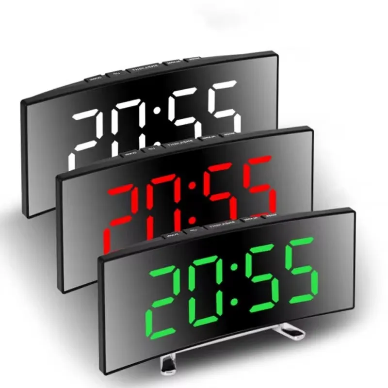 Creative Curved Electronic Clock LED Large Mirror Alarm Clock Silent Smart Desktop Clock Living Room Mirror