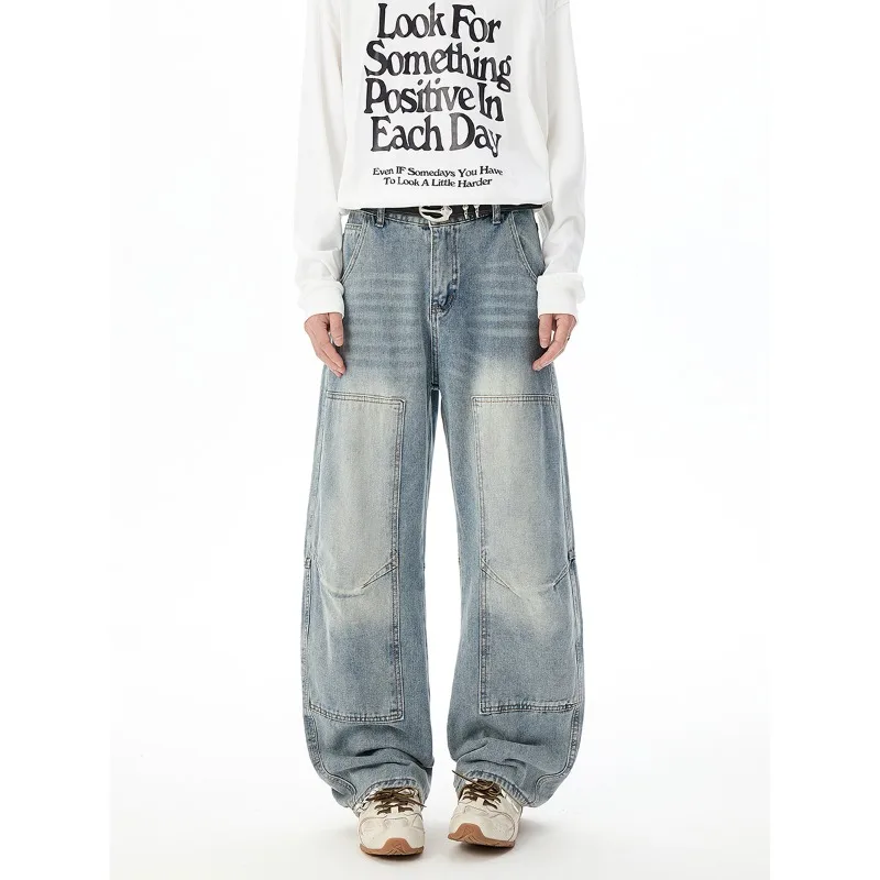 

Мужские джинсы в корейском стиле, с эффектом потертости, пэчворк, однотонные, свободные, широкие штанины, повседневные, простые, осенние