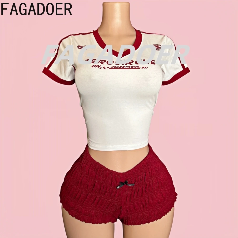 FAGADOER American Vintage Letter Y2K Two Piece Sets Women V Neck Short Sleeve Crop Top And Ruched Shorts Outfits Streetwear 2025