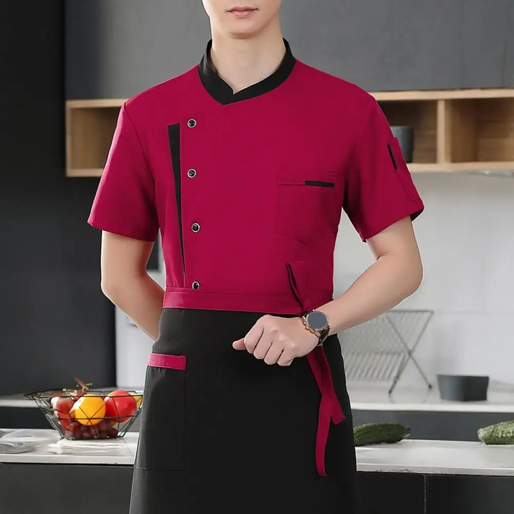 Chef Uniform Apron Hat Set Stand Collar Short Sleeve Chef Apparel with Multi-Pocket Design Patchwork Color Kitchen Staff Clothin