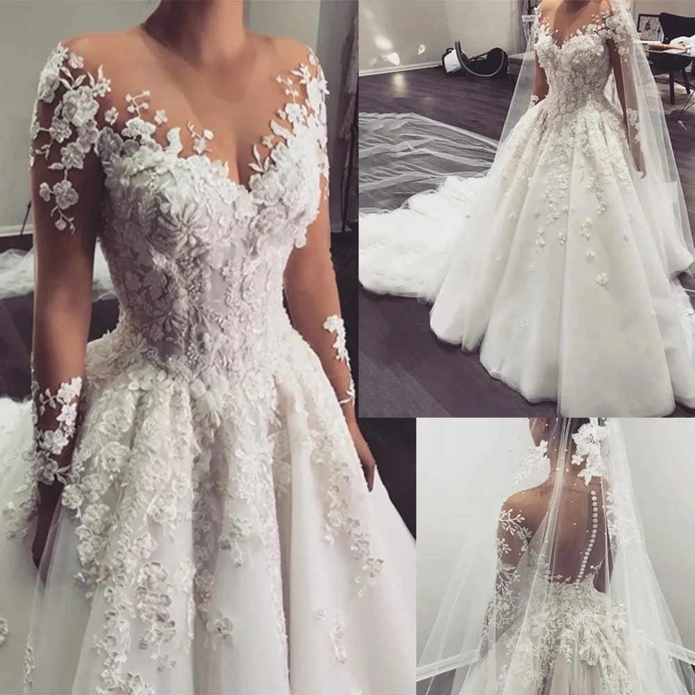 Exquisite Lace Wedding Dress for Woman Bride Sheer Long Sleeves Scoop Neck Beads Applique Flowers Royal Church Bridal Gown