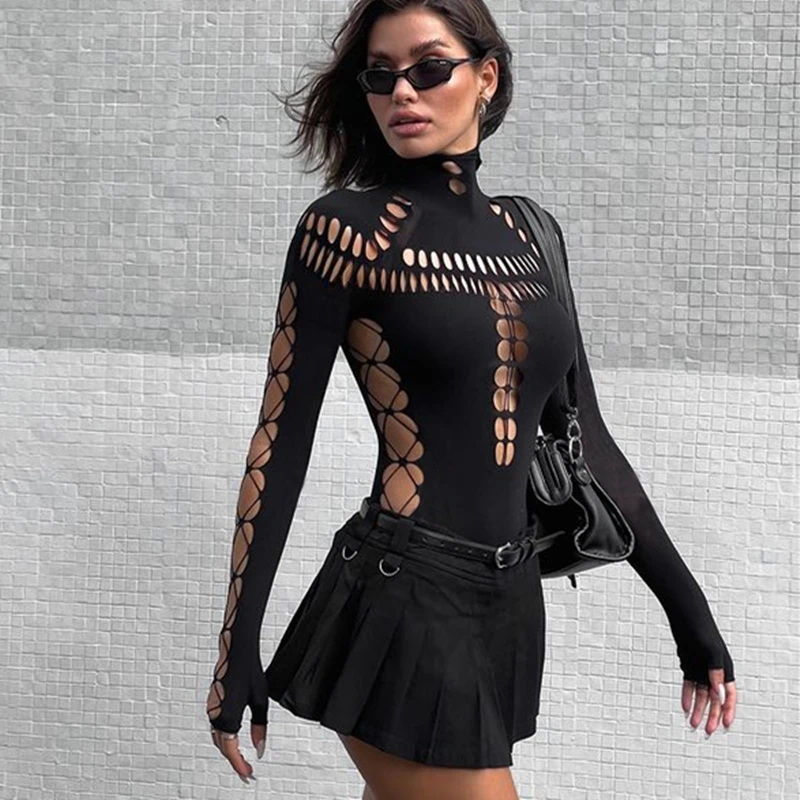 Candyhot Sexy Hollow Out High Collar Bodysuit Bodycon Y2K Long Sleeves Fashion T Shirts Women Gothic Punk Streetwear Bodysuits image 2