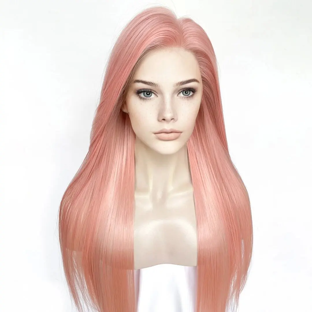 Synthetic Pink Straight 26Inches Transparent Lace Front Wigs for Black Women Glueless  Cosplay Lolita Wigs