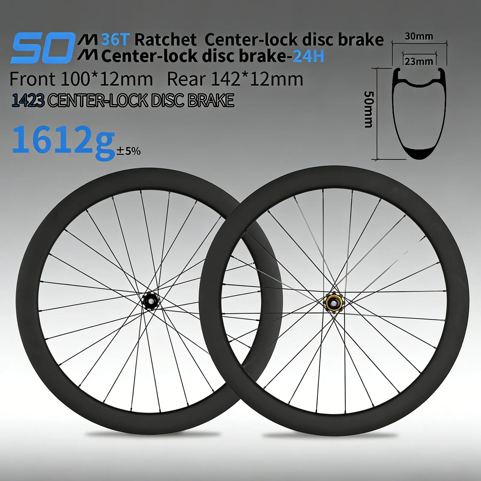 

Road Carbon Wheels 50mm Depth Unbranded T800+T700 Carbon Fiber 36T Ratchet Center Lock Disc Brake 1423 Aero Bladed Spokes Variab