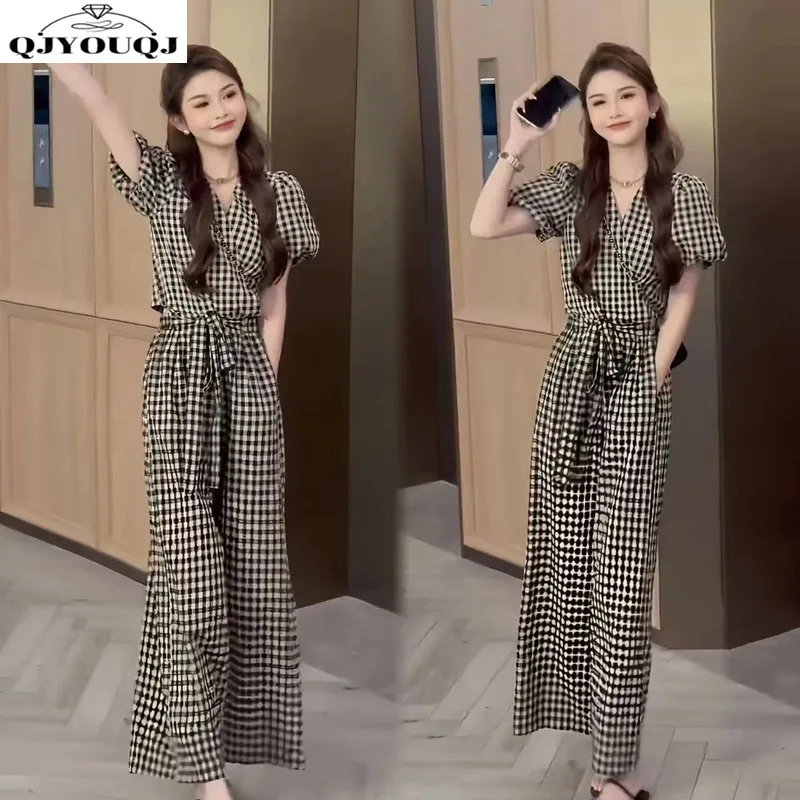 

2025 Fashion Set Women's Summer Checkered Printed Bubble Sleeve Shirt+Casual Wide Leg Pants Two Piece Set