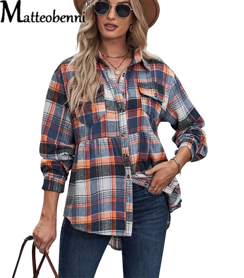 

2022 Autumn New Lapel Long Sleeve Plaid Blouse Ladies Casual Loose Pocket Shirt Female Cardigan Farmhouse Style Streetwear Tops