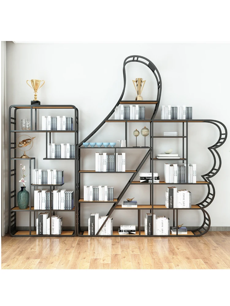 

Wrought iron solid wood bookshelves, floor shelves, simple modern study display shelves, Nordic storage storage bookcases