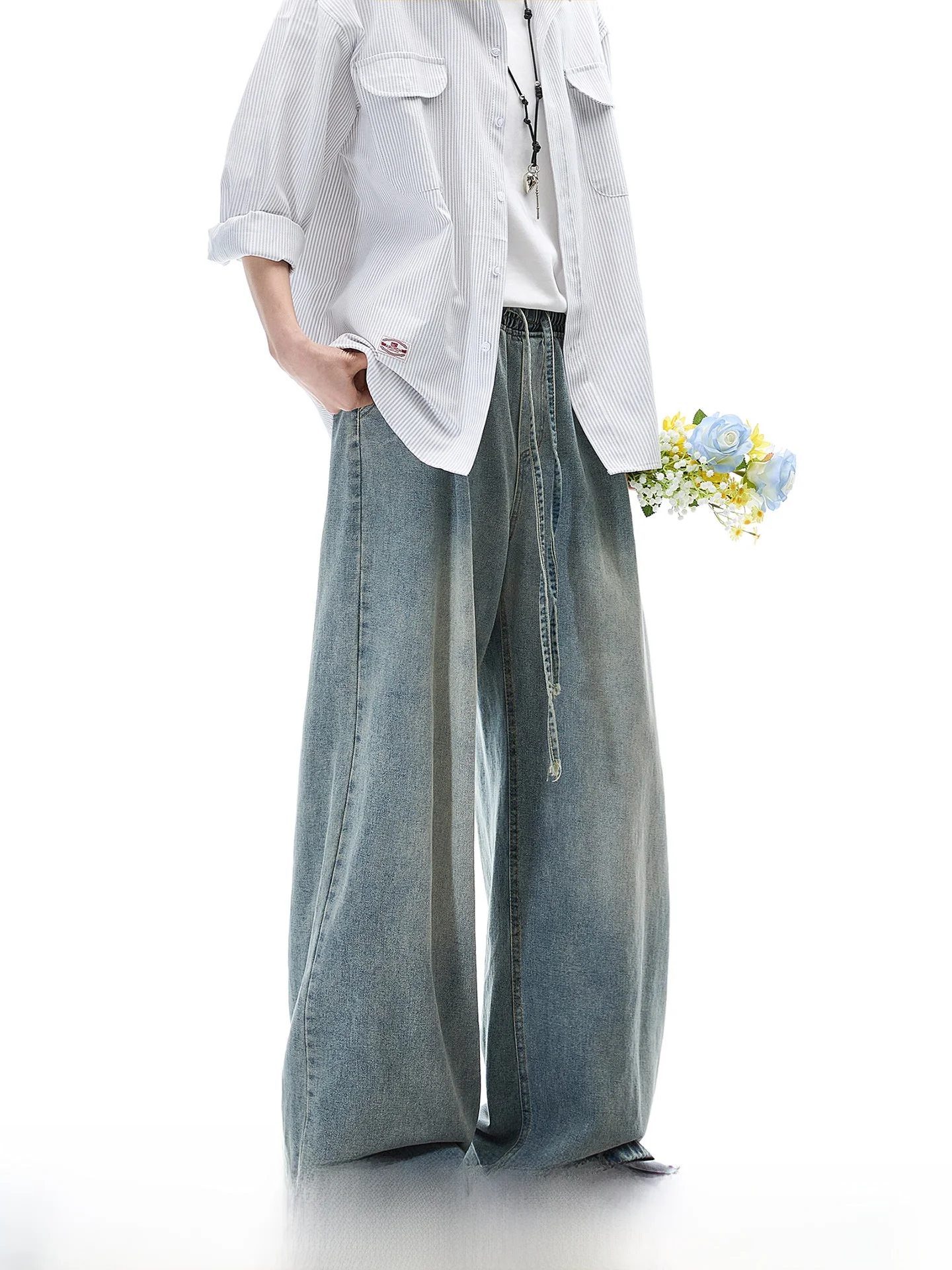 

American Washed Drawstring Wide Leg Jeans Men's Spring Straight Dream Made Casual Comfortable Cotton Blend Wear Resistant