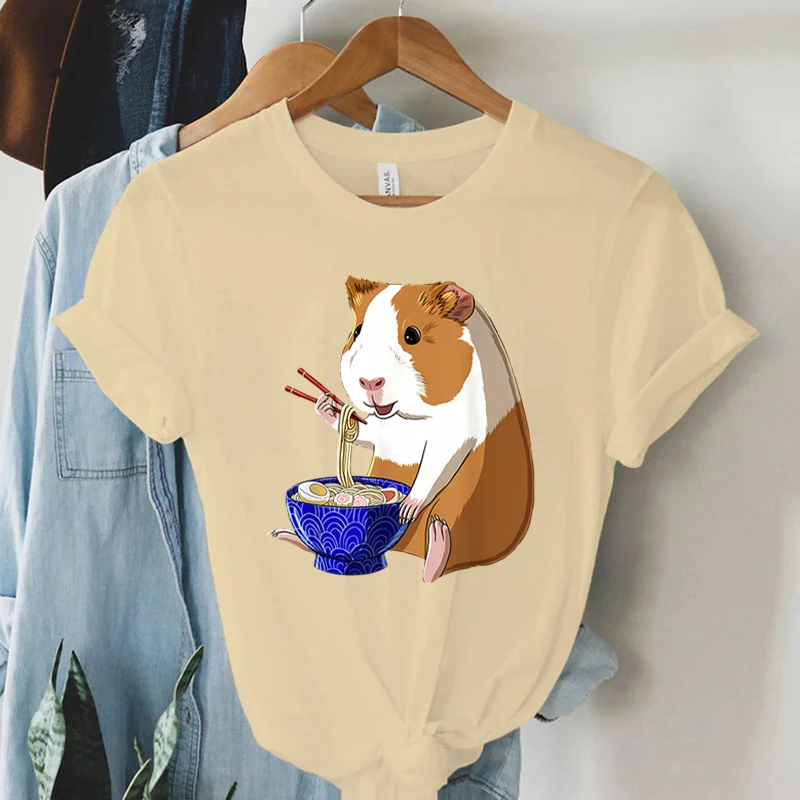 Harajuku Guinea Pig Noodles Ramen T Shirt Women Summer Crewneck Tshirt Cartoon Fashion Guinea Pig Tee Women Short Sleeve T-shirt