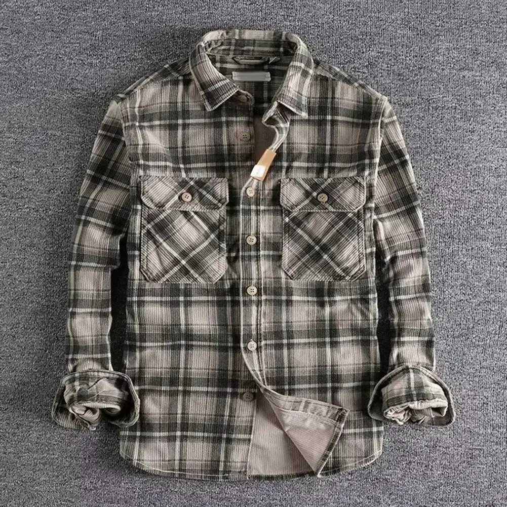 Camisa masculina cáqui xadrez impressão único breasted mangas compridas retro com bolsos no peito comprimento médio cardigan topo primavera outono carga topos