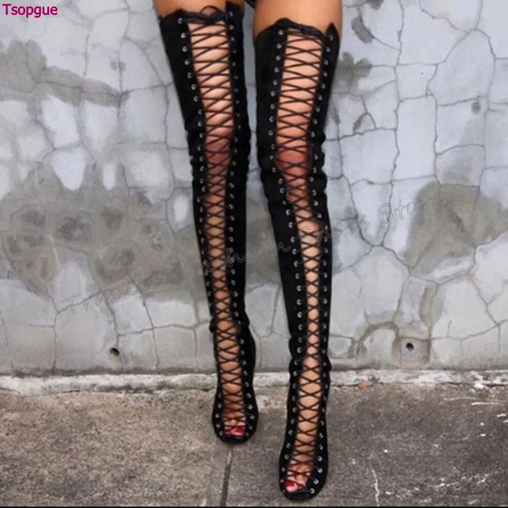 

Black Open Toe Lace up Boots Over the Knee Stilettos High Heels High Heel Shoes for Women Heels 2024 New Zapatos Para Mujere