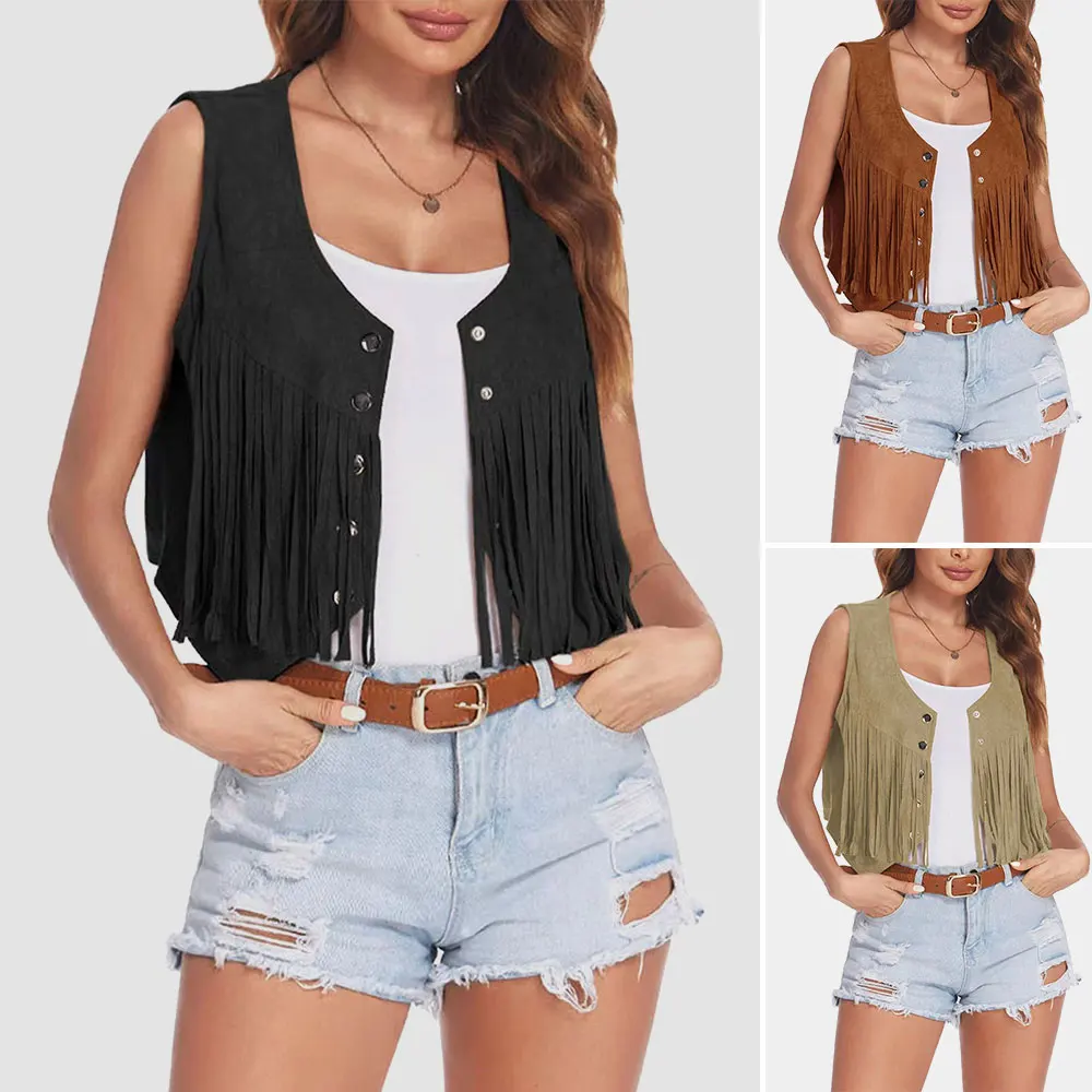 

Mia Muse Boutique Spring Summer Vests Cool-Sweet Streetwear Tassel Single Breasted Sleeveless Scoop Neck Casual Vests For Women