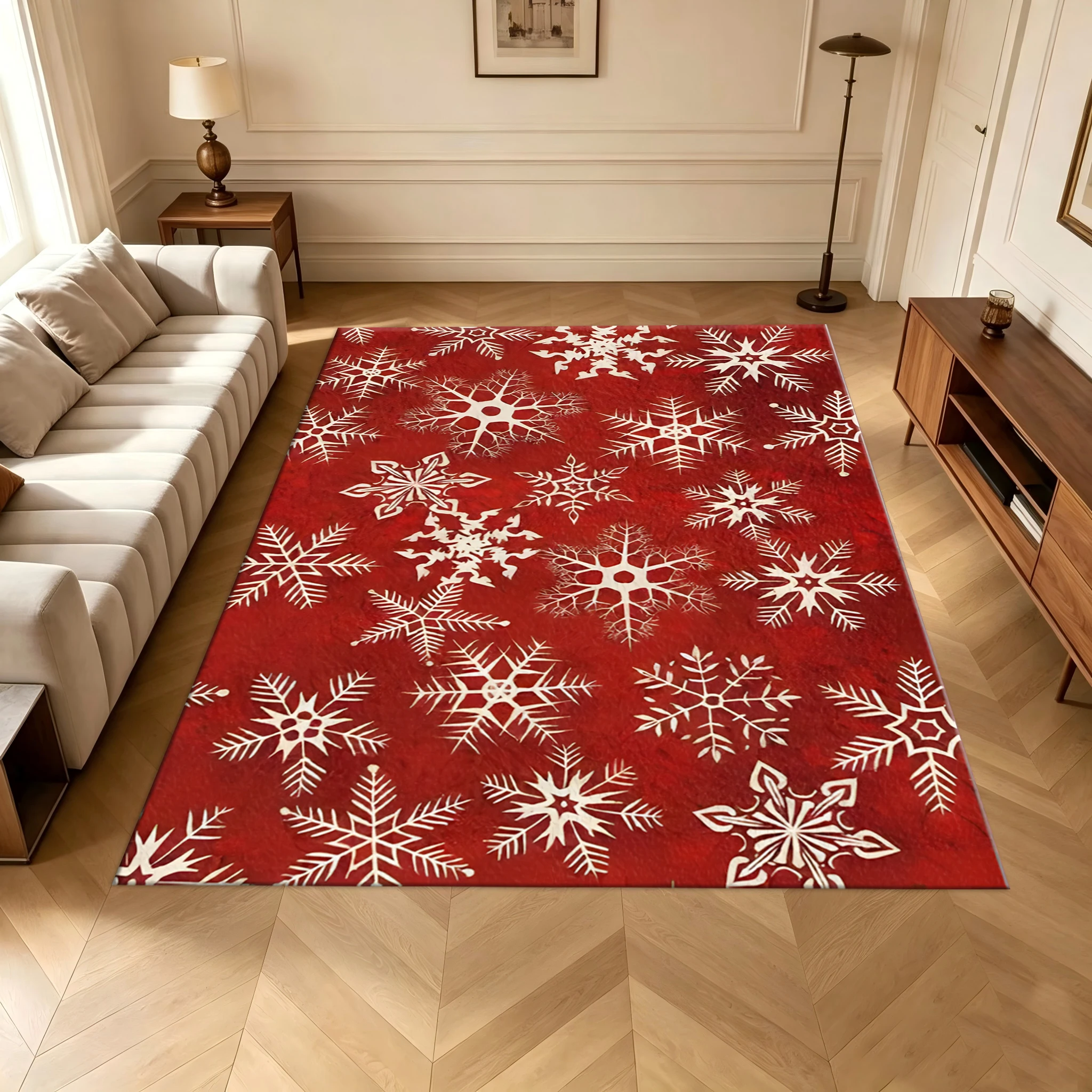 White Paper-Cut Snowflake Pattern Carpet Red Background Winter Festival Floor Mat Home Decoration Carpet