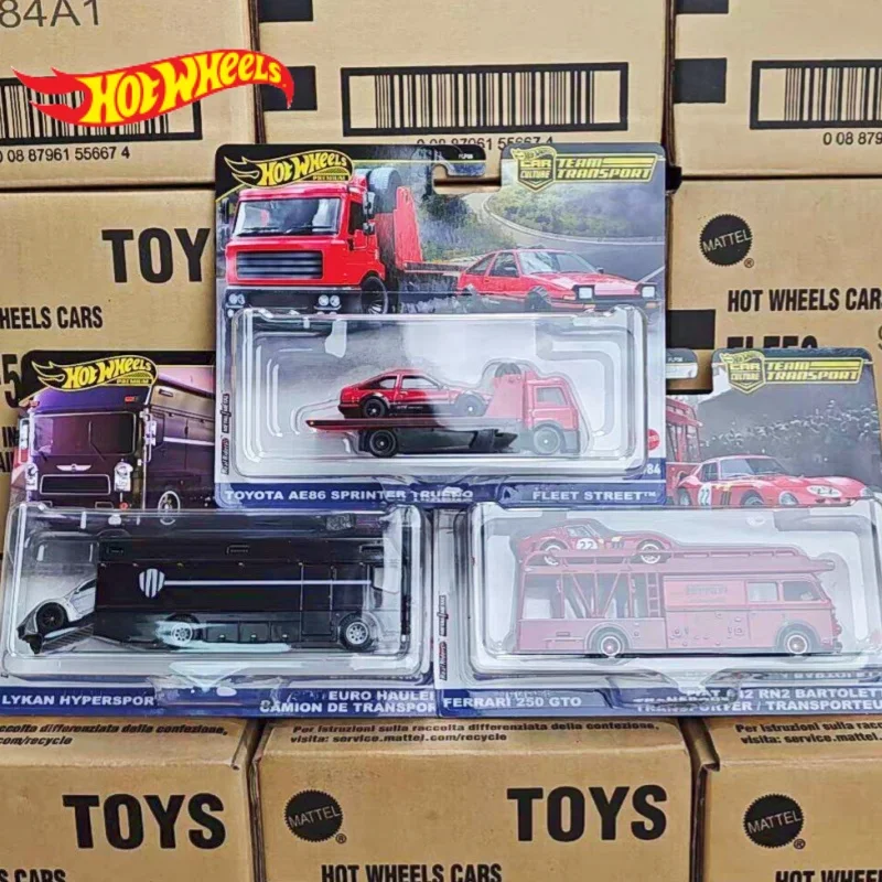 Hot Wheels Premium Diecast Toy Car Transporter 1/64 Scale Featuring Ferrari Fiat Lykan Toyota AE86 Collectible Model Vehicle