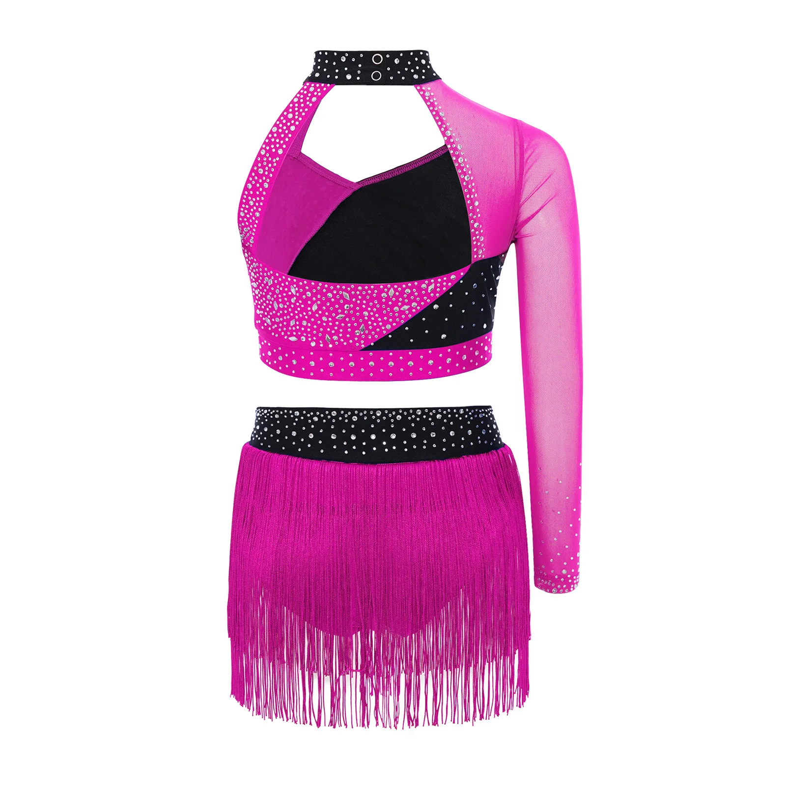 أطفال بنات الباليه اللاتينية الرقص مجموعات راقصة الباليه أداء زي واحد الكتف شير شبكة الراين المحاصيل الأعلى مع توتو تنورة #5