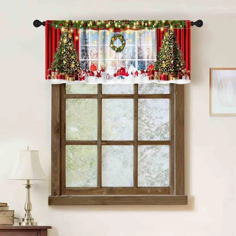 VIKAMA Red Drape Pine Gift Wreath Pane Snowy Scene Christmas Short Window Curtain Classic Winter Festive Home Decor Durable Soft