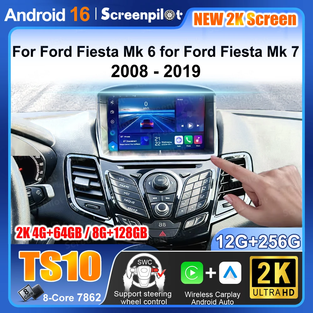 Radio para Ford Fiesta Mk 6, Radio para Ford Fiesta Mk 7 2008-2019, Reproductor Multimedia con Pantalla Android 16, Carplay, Video, GPS para Auto