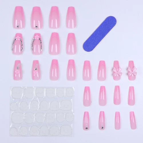 Imagen 2 del producto 24 piezas: placa para uñas de ataúd, lazo rosa 3D, decoración con patrón de flores rosas, ajuste de diamantes de imitación, adecuado para niñas de moda