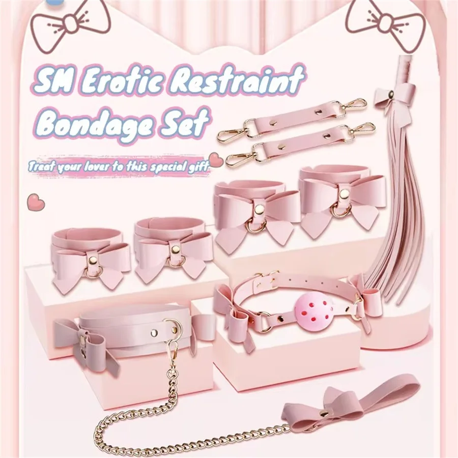 BDSM Cute Bow Themed Bondage Sets Cosplay Adult Games Leather Handcuffs Ankle Cuffs Mouth Gag Whip Collar Sex Toys For Women view 2