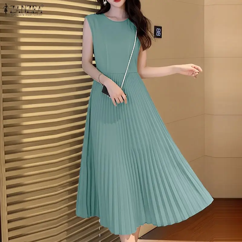 Summer Sleeveless Women Dress Summer Long Dresses ZANZEA Elegant Solid OL Work Party Pleated Vestidos Streetwear Sundress S-3XL