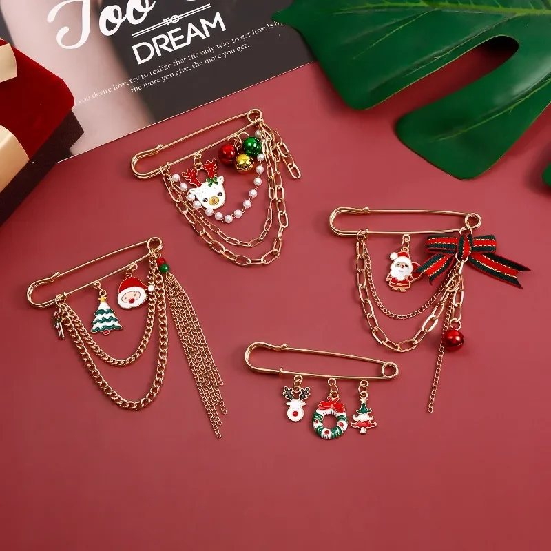 Cute Red Green Oil Drop Christmas Elk Deer Snowmen Bell Pendant Brooches for Women Fashion Festival Pins for Party