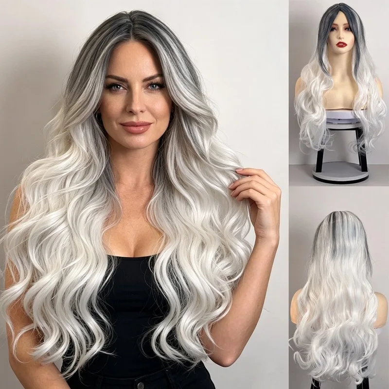 Fashionable Middle-Parted Gradient Long Curly Hair Wig For Women Outdoor Travel Party Simulation Head-Wearing Synthetic Wig