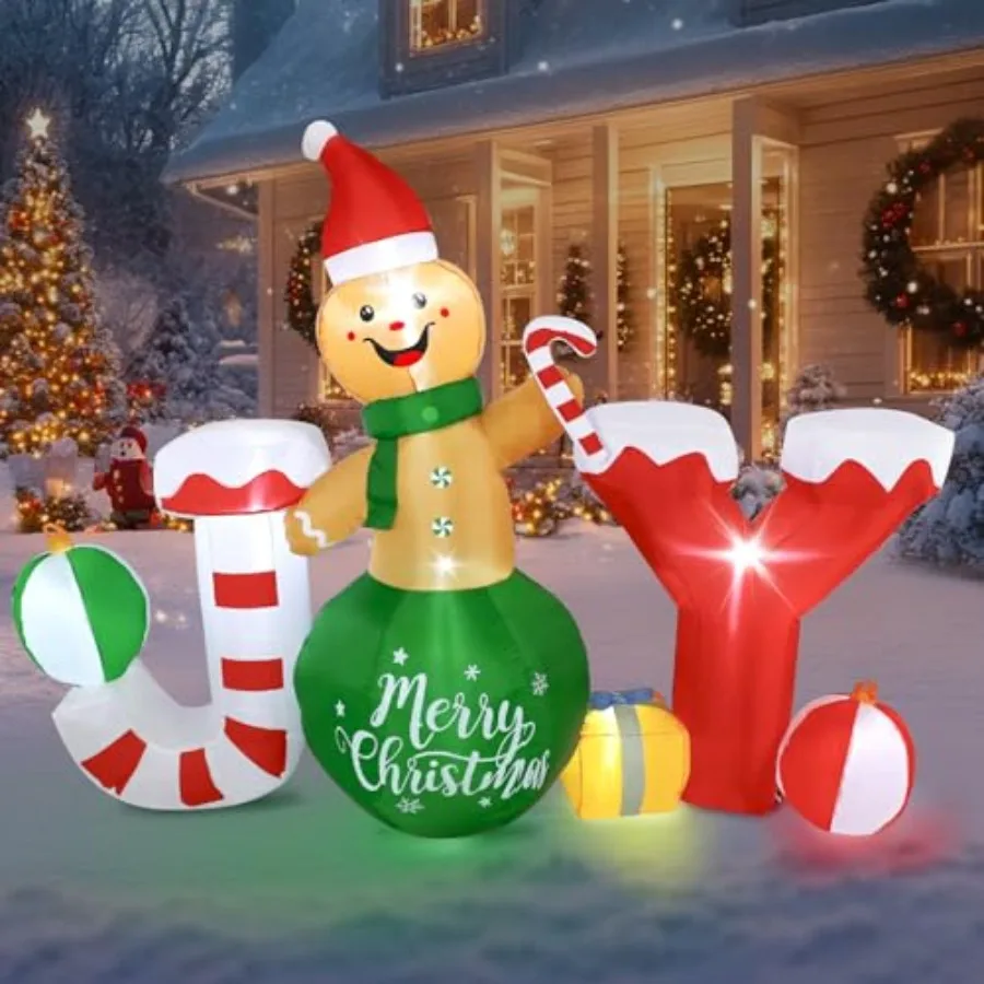 Outdoor Christmas inflatable decoration, PVC material, white and red color, 6x8 FT gingerbread design with 7 built-in LED light