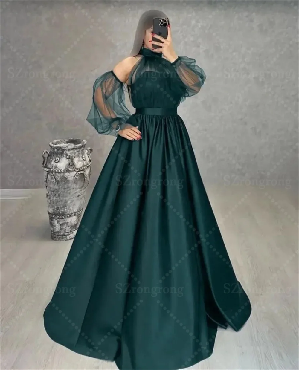 فستان سهرة زفاف حديث مصنوع حسب الطلب برقبة سكوب وثنيات بطول الأرض بدون ظهر للحفلات الراقصة مع ذيل رداء السهرة #4