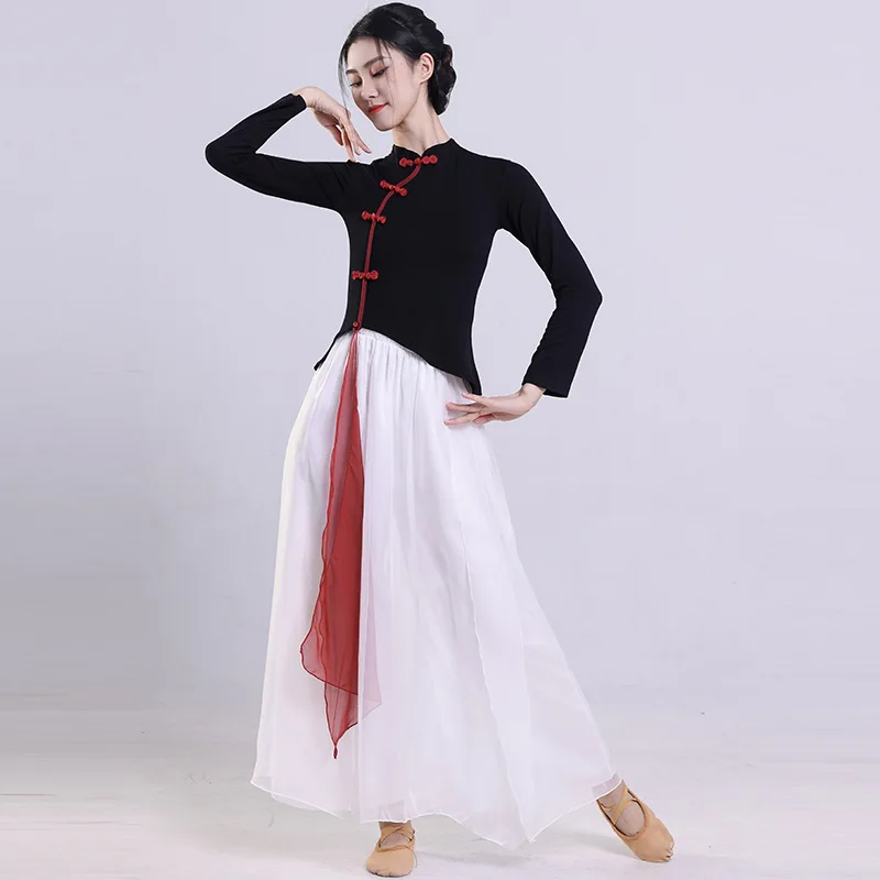 Traje de danza clásica Body Rhyme estilo chino ropa Cheongsam mejorada Top negro de manga larga para mujer
