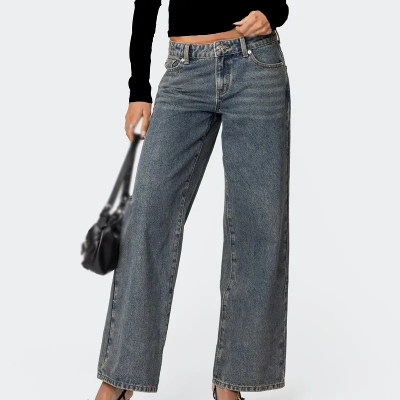 

Fashion Love Leopard Print Pattern Pocket Low Waist Wide Leg Casual Straight Jeans