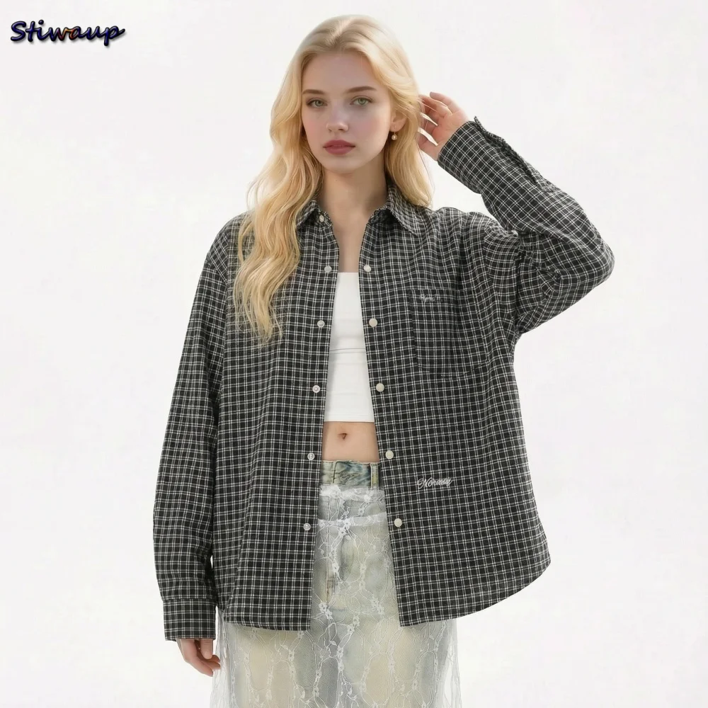 

Women's Blouses and Shirts Houndstooth Casual Plain Female Vintage Clothing Harajuku Women's Plaid Shirt Unisex Large Size Tops