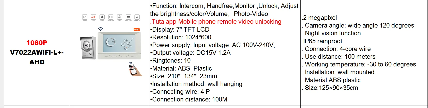 Tuya APP 2MP 1080P   Wired  WIFI IP Doorbell IR Night Vision Video Door Phone Wireless  Intercom Visual Doorbell  Camera
