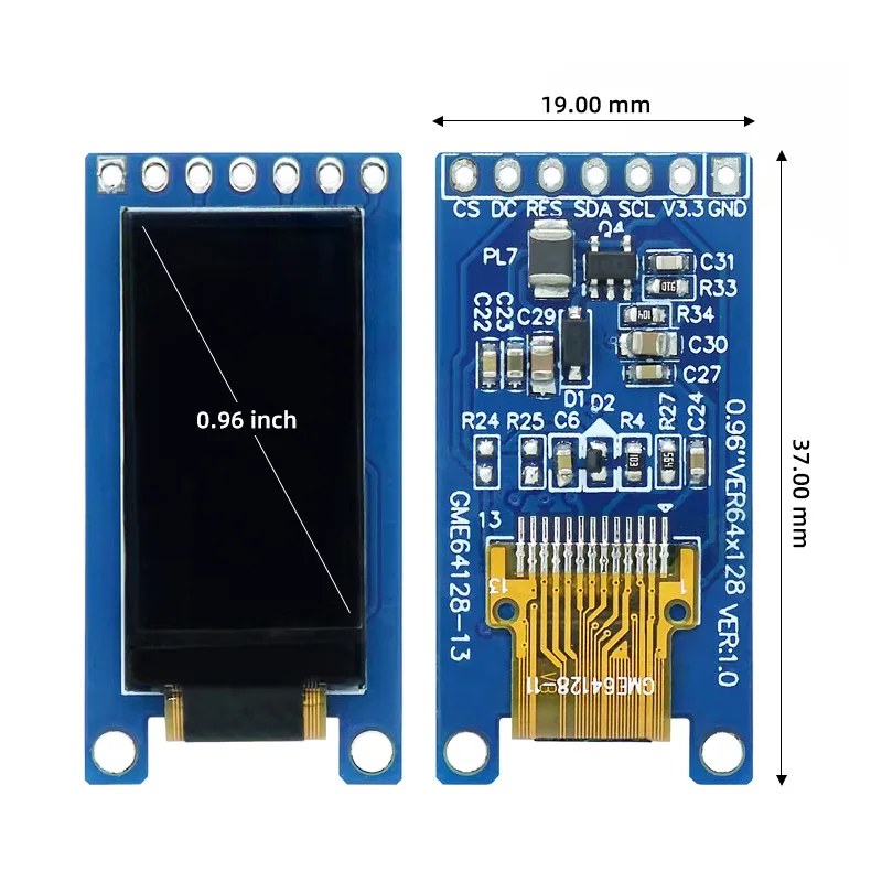 0.96 インチ OLED ディスプレイ モジュール SH1107 ドライバー、64x128 解像度、SPI インターフェイス ホワイト モノクロ COG 7 ピン小型 LCD スクリーン モジュール