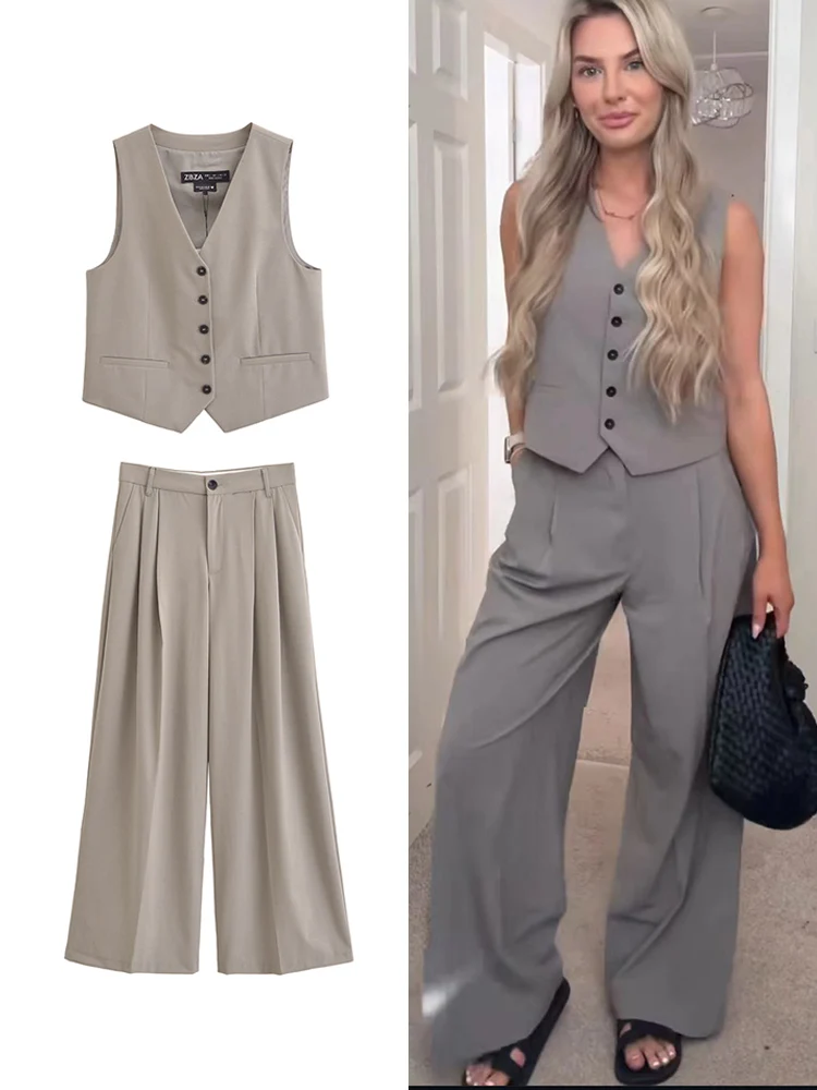 TRAF Autumn Office Lady Long Pants Sets 2024 Sleeveless V-neck Vest Coats High Waist Wide Leg Pant Set 2024 Women Outfits