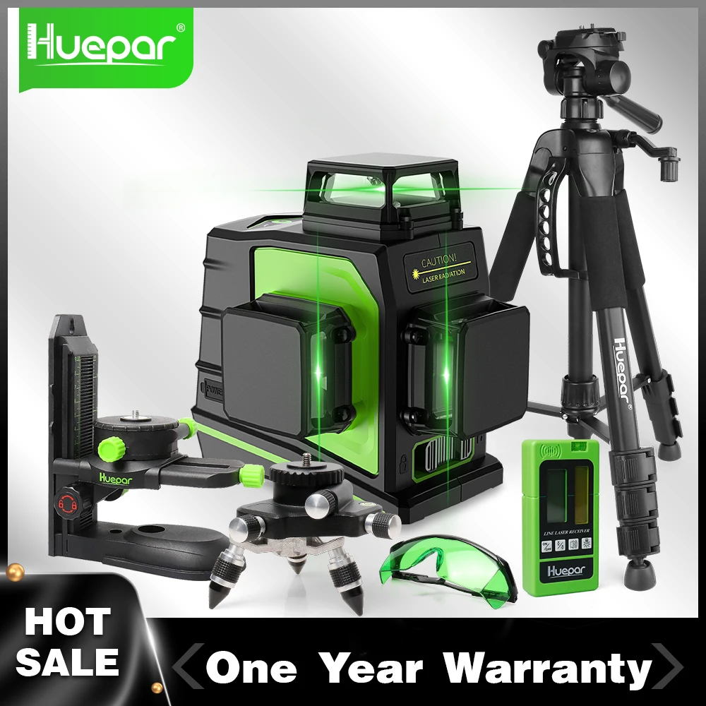 Huepar 12 Linhas 3d Cruz Linha Laser Nível Auto-nivelamento Feixe Verde Feixe Verde Modo de Pulso Cruz Nível de Linha com Receptor Laser