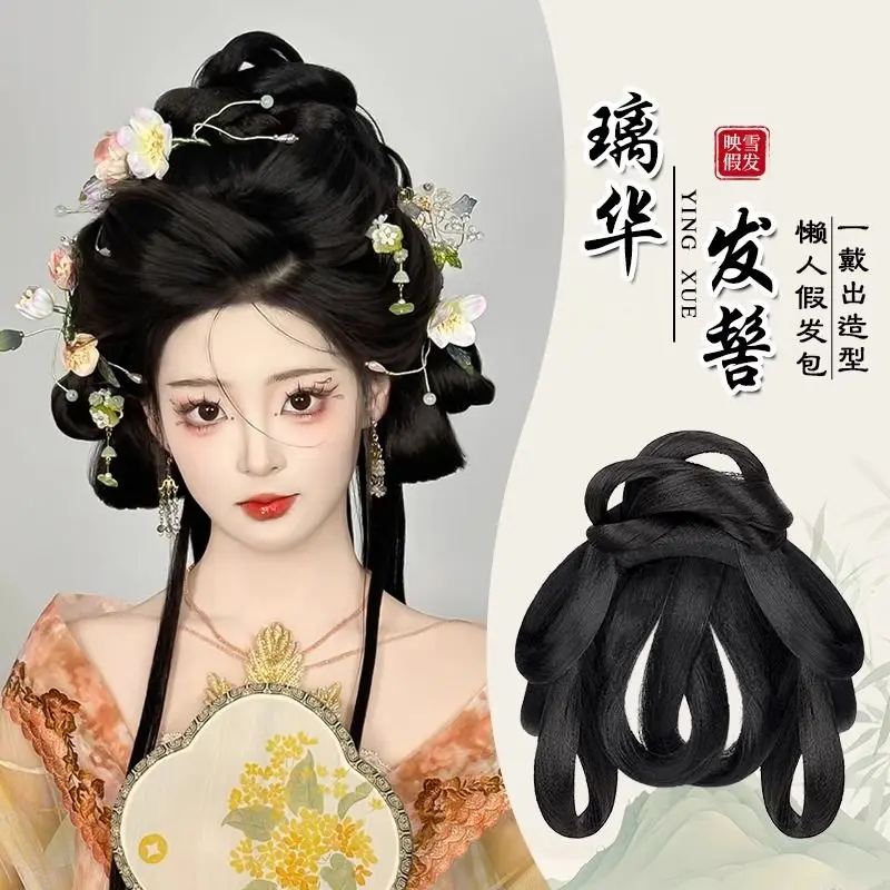 

Полная система волос Hanfu — универсальная искусственная булочка династии Мин/Танг с подкладкой и украшениями, полный комплект исторического шиньона