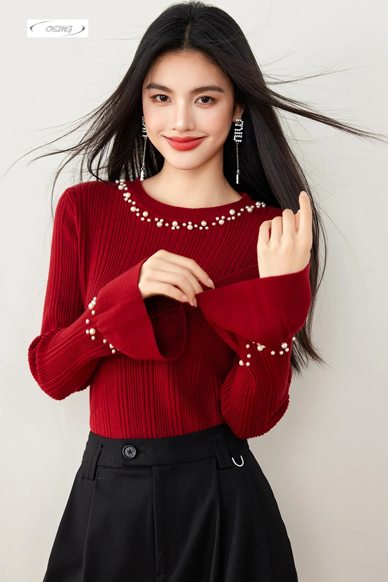 

Flare Sleeve O-neck Beading Slim Red Knitted Shirt Sweater for Women Autumn Winter Elegant Sweet Korean Knitwear Pullover 5195
