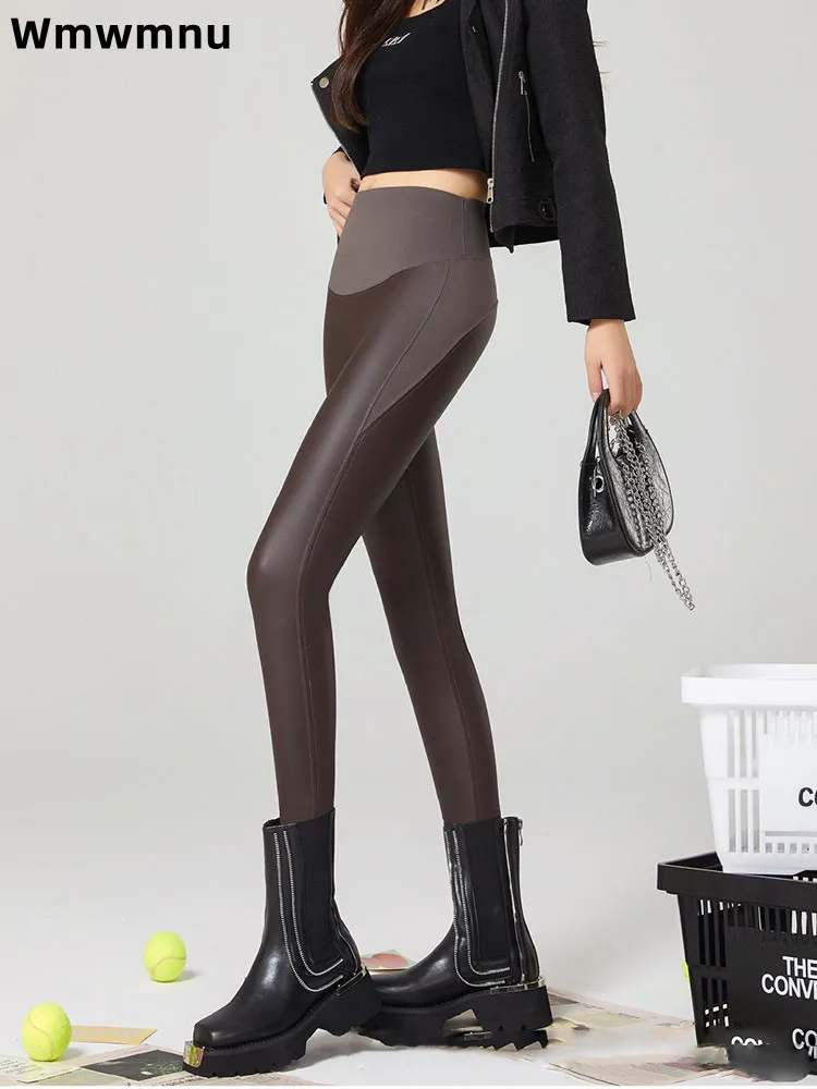 

Тонкие кожаные брюки с высокой талией, тонкие женские повседневные брюки до щиколотки, модные спортивные лоскутные брюки-карандаш