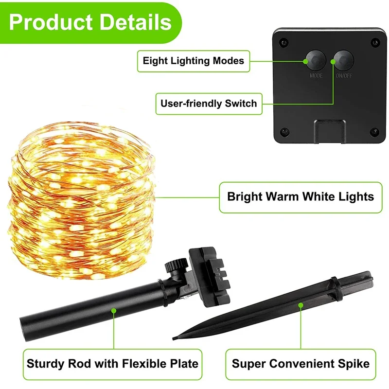 Guirnalda de luces Led solares para exteriores, guirnalda de luces de Navidad, impermeable, 22m, 12m, 7m