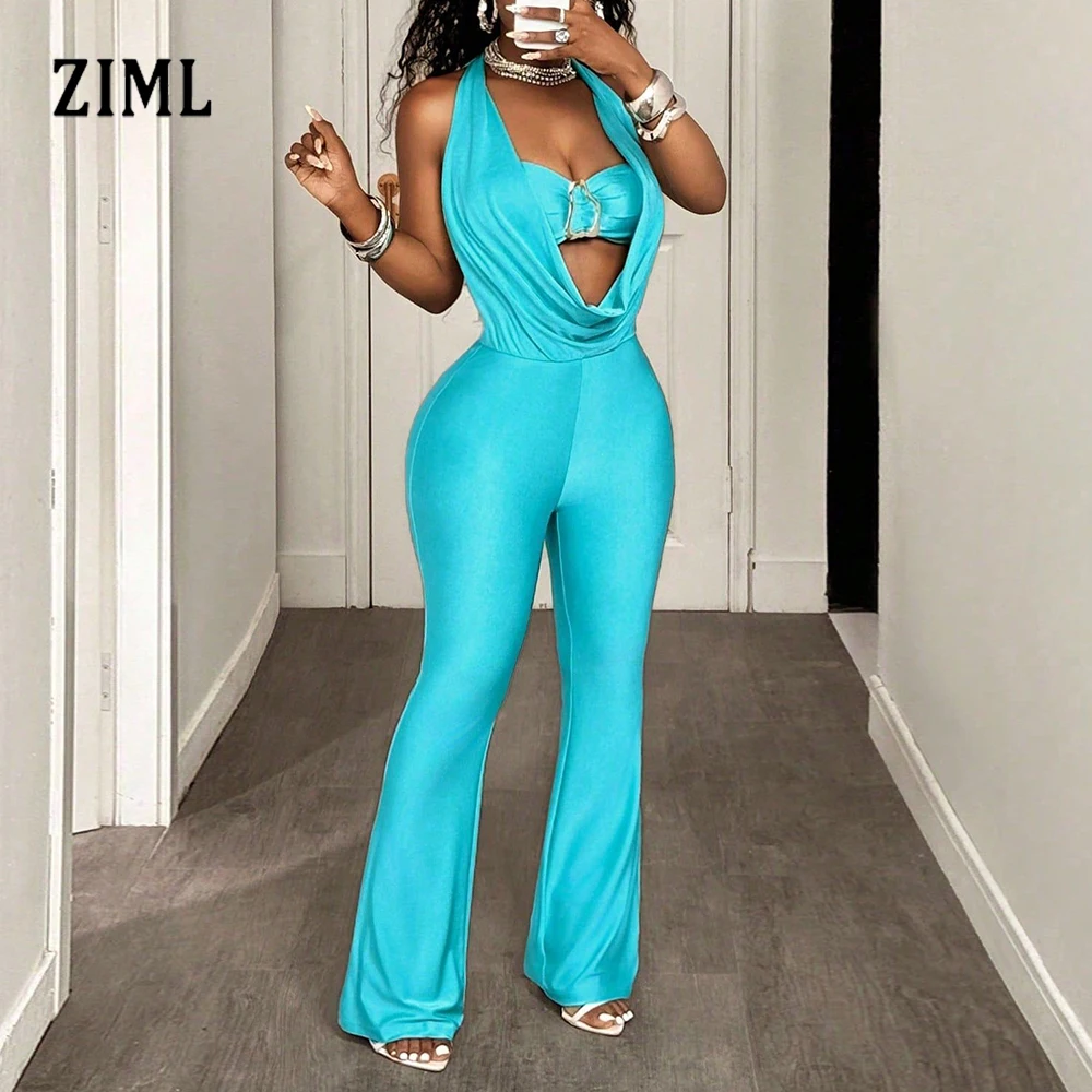 

ZIML Hollow Out Slimming Backless Jumpsuit for Womem Halter Sleeveless High Waist Temperament Jumpsuit Female Autumn Style New
