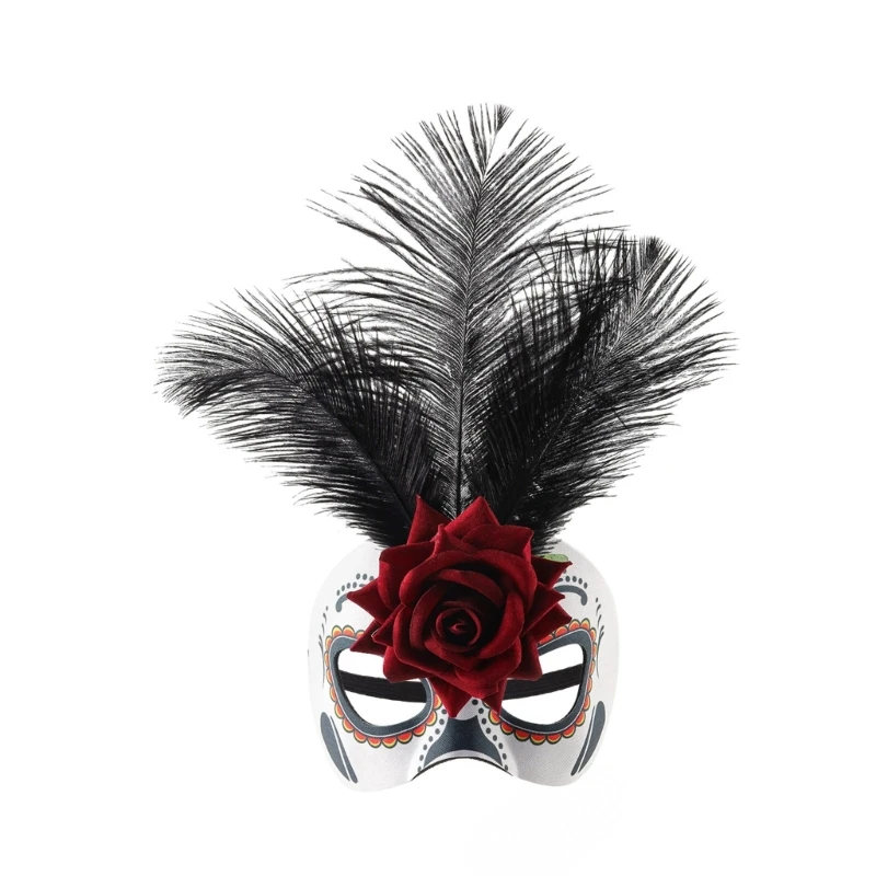 

Unique Feathered Rose Flower Costume Mask for Men and Women Halloween Day of the Dead Sugar Skull Half Face Eyemask