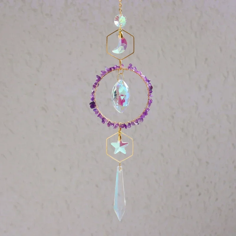 Natural Crystal Hanging Sun Catcher, Gemstone, Stained Glass, Circle, Moon, Stars