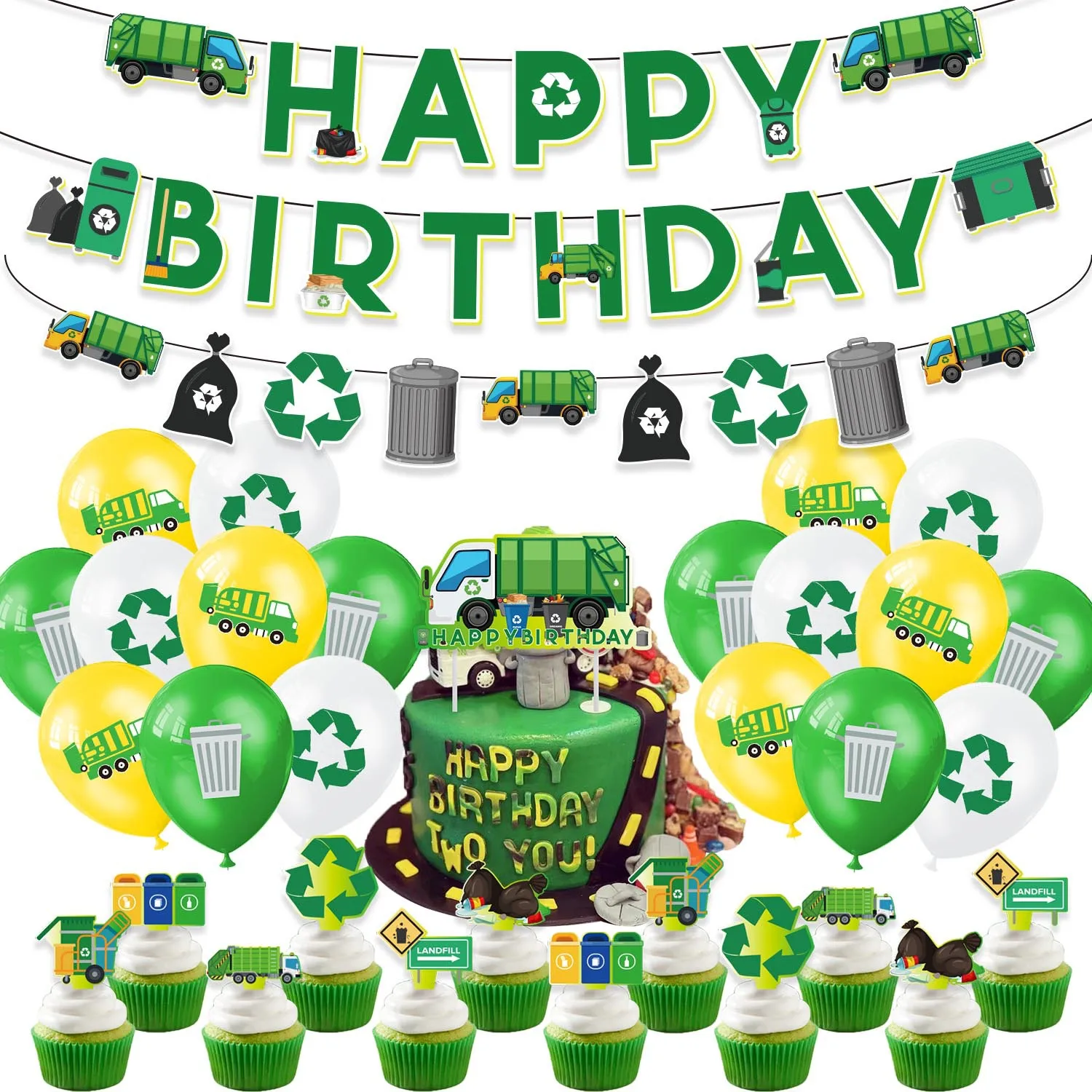 Trash Truck Birthday，Garbage Truck Birthday Decorations，Truck Party Supplies，Include Balloons,,Banner, Cake Toppers